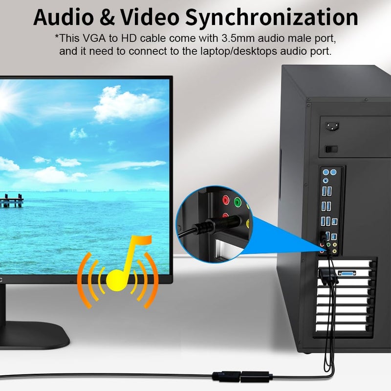Kirzi محول VGA (مصادر) إلى HDMI (عرض) ، محول 1080P مع صوت + طاقة USB من كمبيوتر / لابتوب VGA إلى تلفاز / شاشة HDMI ، ذكر إلى أنثى (1 قدم) - Image 3